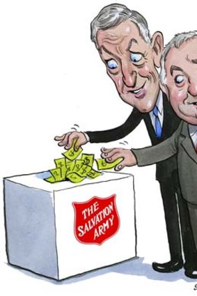 Matched pair ... Whitehaven Coal's Tony Haggarty and Eureka Capital Partners chairman Roger Massy-Greene kicked off the Red Shield appeal. <em>Illustration: John Shakespeare</em>