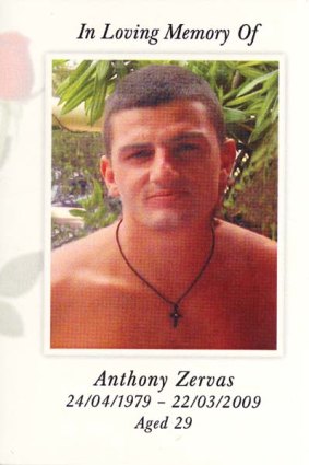 Killed ... the funeral service booklet for Hells Angels associate Anthony Zervas.