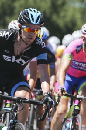 Geraint Thomas (right) in the leaders jersey races during the 139km stage 3 of the Tour Down Under.