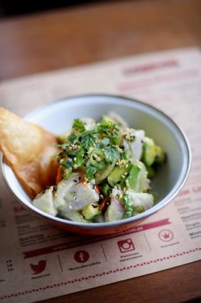 Go-to dish: Ceviche of kingfish with chervil, avocado, grape and lime candied sesame seeds.