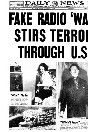 New York's Daily News captures the terror of Orson Welles' famous Martian broadcast on its front page of October 31, 1938.