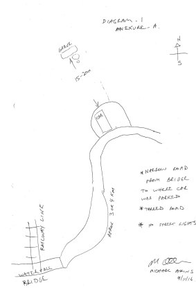 The map drawn by Michael Atkins of where he buried his boyfriend Matthew Leveson in the Royal National Park. This sketch was tendered as evidence on Thursday.
