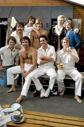 The colourful cast of late-'70s cricketers on set.