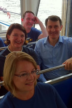 Lord Mayor Graham Quirk and some of his council team on board a single hull ferry on the Brisbane River today.