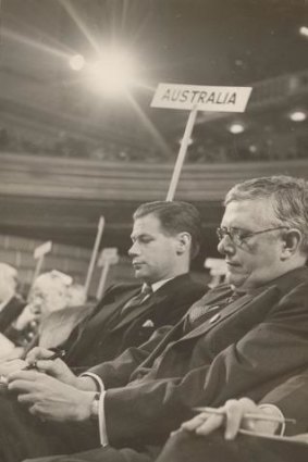 John Burton, left, with Australian foreign minister H. V. "Doc" Evatt at a United Nations executive meeting.