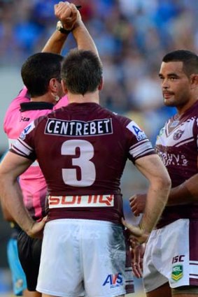 Richie Fa'aoso of the Sea Eagles is put on report after a late hit on Ashley Harrison.