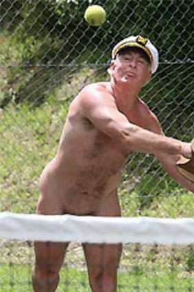 Spot the ball: naturist Ken Mercer plays Miniten tennis.
