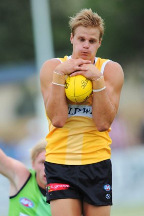 Nick Riewoldt marks during the Saints' intra-club match.