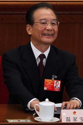 Positive... Wen Jiabao after delivering his speech.