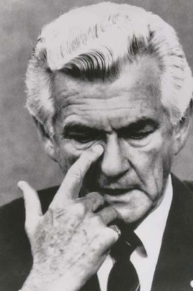 Bob Hawke wipes away a tear at the press conference after defeat on the 20th December,1991.