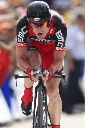 Cadel Evans heads to the finish line of the 20th stage of the Tour de France last year.