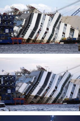 Slow and steady ...  at 12.04 GMT, 16.33 and 17.52,  the delicate operation to rotate the Costa Concordia from its capsized position to upright  stretched  into Tuesday.