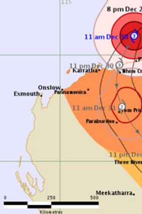 The predicted path of cyclone Christine.