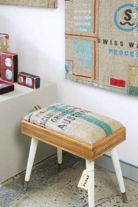 Recycled burlap stool by textile designer Julie Patterson.