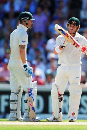 David Warner refers a decision to the third umpire as captain Michael Clarke looks on during the third Ashes Test earlier this year.