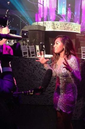 Coming offstage ... Jessica Mauboy after performing at the Governors' Ball.