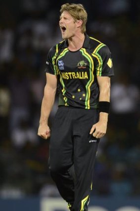 Australia's Shane Watson celebrates after dismissing India's Irfan Pathan during Super 8 clash.