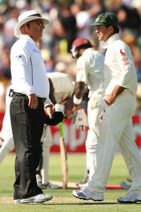 Ricky Ponting has words with umpire Mark Benson, who has since returned to England and, according to reports, has retired.