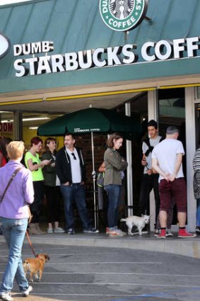 People lined up at Dumb Starbucks coffee in Los Angeles.