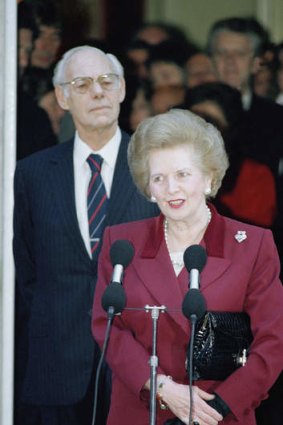 Margaret Thatcher leaves 10 Downing Street after resigning as prime minister in 1990.