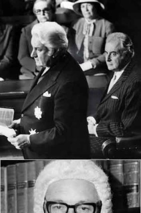 From top: Sir John Kerr (left) is sworn in as governor-general in 1974 with Gough Whitlam behind him; Sir Anthony Mason in 1972; Whitlam listens as Parliament is dissolved; <i>The Age</i>, November 12, 1975.