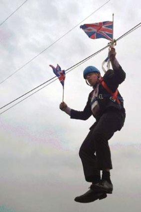 Another gaffe: Boris Johnson gets caught up during a stunt in London.