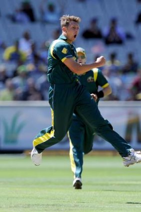 James Pattinson celebrates a wicket for the national one day international team.