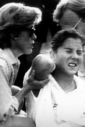 Monica Seles after being stabbed by a spectator, Hamburg, 1993.