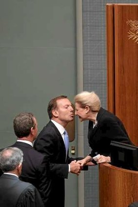 Prime Minister Tony Abbott congratulates the new Speaker of the House, Bronwyn Bishop.