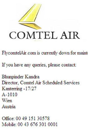 The message greeting visitors to Comtel Air's website this morning.