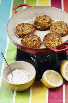 Millet patties with chive and sour cream sauce from Trupps' Wholefoods Kitchen.