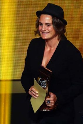 The Brisbane Roar's Nadine Angerer receives her FIFA trophy ain Zurich, Switzerland.