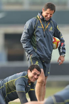 Wallabies coach Robbie Deans shares a laugh with flanker George Smith.