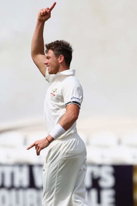 James Pattinson celebrates taking a wicket during the recent tour match against Somerset.