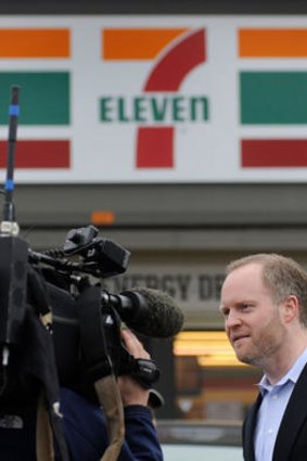 Stephen Martino, director of the Maryland Lottery, speaks to reporters outside a Baltimore 7-11 store where one of the winning lottery tickets was sold