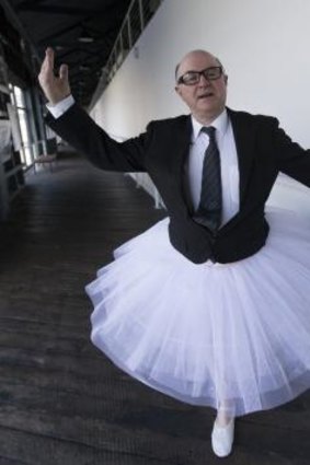 Prima ballerina: Phil Scott wears a tutu to play Arts Minister George Brandis for The Wharf Revue 2015.