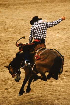 A bucking bronco rider in action at Snowmass Rodeo.