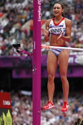 Jessica Ennis celebrates after clearing the bar during the high jump.