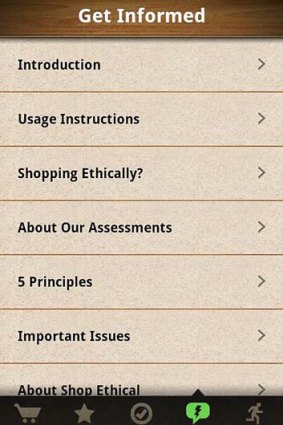 A screenshot of the Shop Ethical! 2012 app.