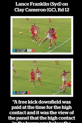Lance Franklin (Syd) on Clay Cameron (GC), Rd 12.