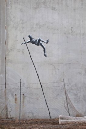 The pole vault gets the Banksy treatment in this piece of street art.
