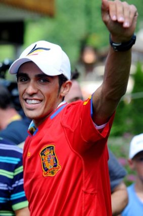 Alberto Contador celebrates Spain's victory in the FIFA World Cup.