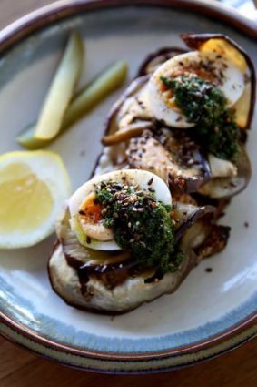 Simply delicious: Brickfields breakfast plate of soft-boiled eggs with eggplant, tahini and zhoug on sourdough.