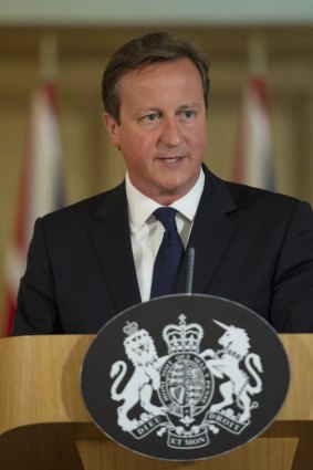 British Prime Minister David Cameron speaks to the media from Downing Street.