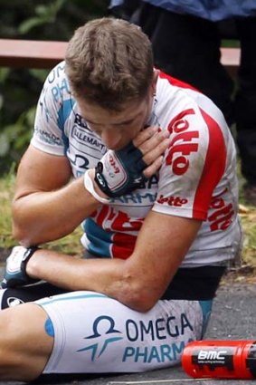 Frederik Willems crashes out of the race with a broken collarbone.