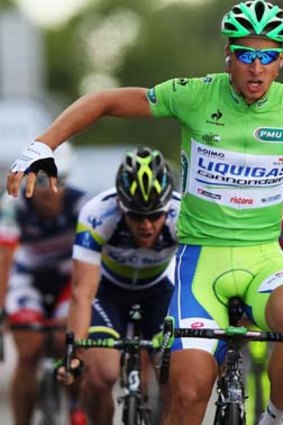 Peter Sagan of Slovakia and Liquigas-Cannondale celebrates as he crosses the finish line.