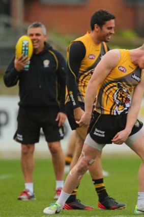 Tiger fun: Mark Williams (left), Troy Chaplin and Jack Riewoldt enjoy the banter at Punt Road.