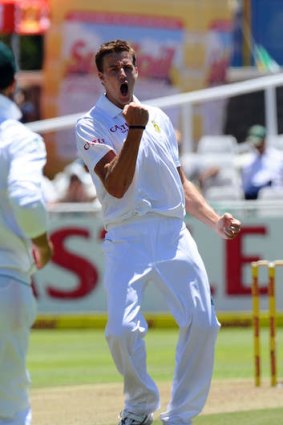 South Africa's bowler Morne Morkel celebrates taking a wicket.