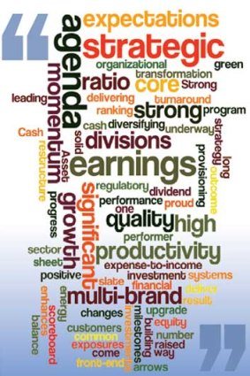This week's investor briefings from bank chief executives expressed as a "word cloud".