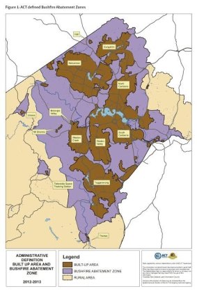 The main changes being proposed by ActewAGL to tree clearance guidelines are in the bushfire abatement zone (purple) and rural areas (cream).